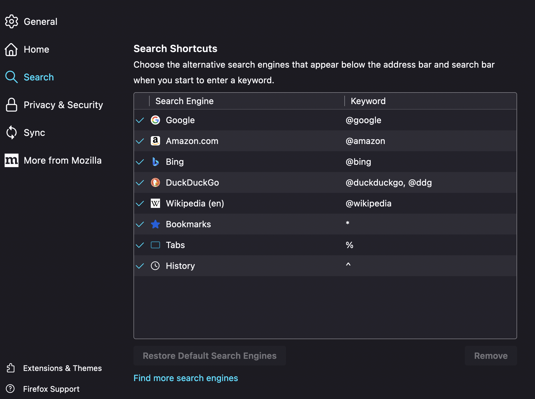 Firefox search settings